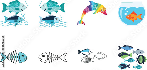Fish and dolphin aquatic icons set with skeleton fish aquarium bowl and colorful marine life vector illustration collection