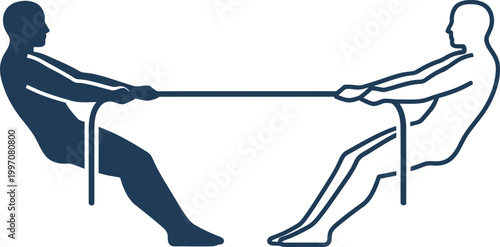 Two men pulling a rope in a tug of war game. Competition and opposition concept. Minimalist line graphic icon for business, sport. Vector illustration