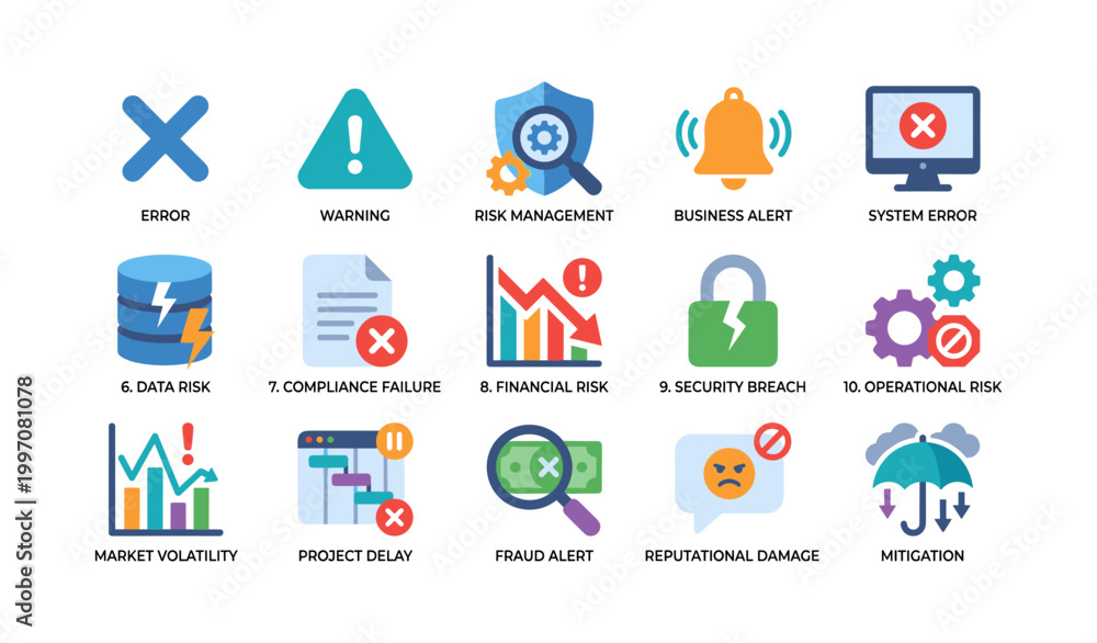 Fototapeta premium Business risk and error icons displayed in grid layout