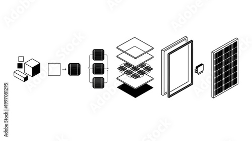 Exploded view of solar panel layers and assembly process, from raw components to a finished photovoltaic module on an isolated white background.