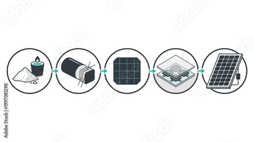 Essential steps in solar panel construction, illustrating silicon purification, wafer production, solar cell interconnection, and module lamination on an isolated white background.