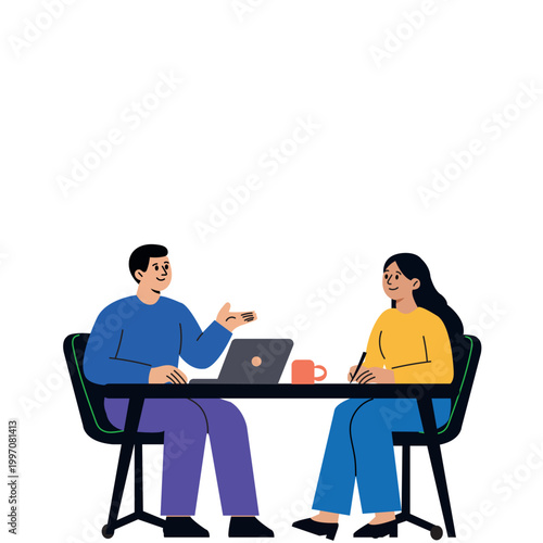 Man and woman business partners sitting at a table with a laptop, talking and taking notes during an office meeting isolated on a white background