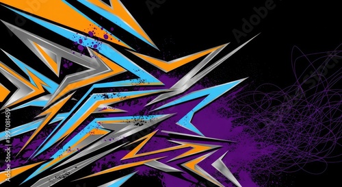 Sharp geometric racing decal design with purple and orange accents