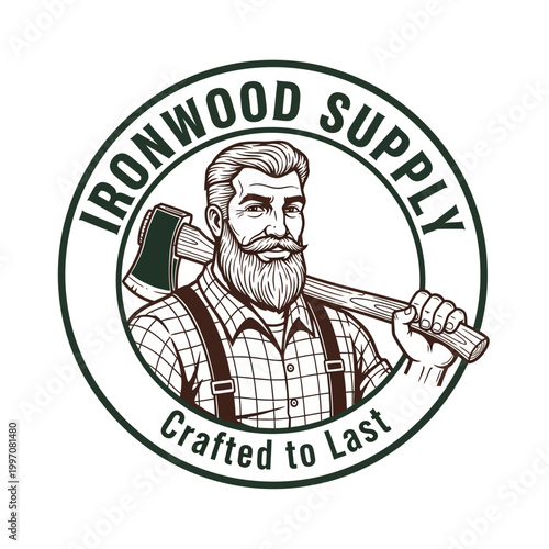 Bearded Man Holding Large Axe Tool.