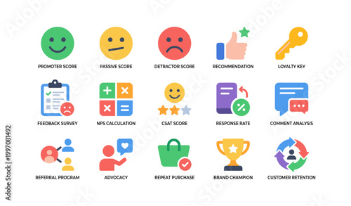 Customer feedback loyalty icons showing scores and engagement