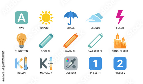 Lighting and white balance icons showing modes and presets on white