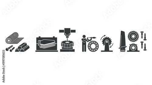 Fundamental Industrial Production, Engineering, and Manufacturing Process Icons Diagram on Isolated White Background