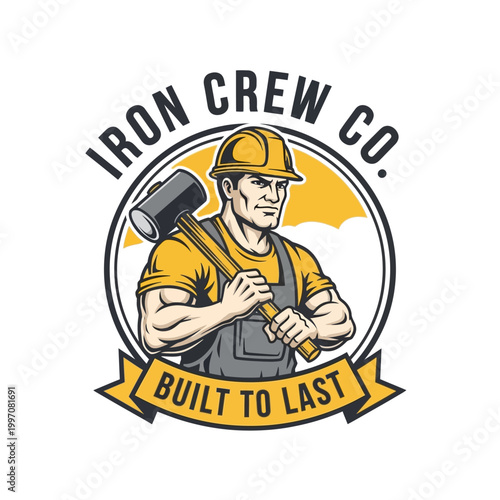 Construction worker in hard hat holding hammer.