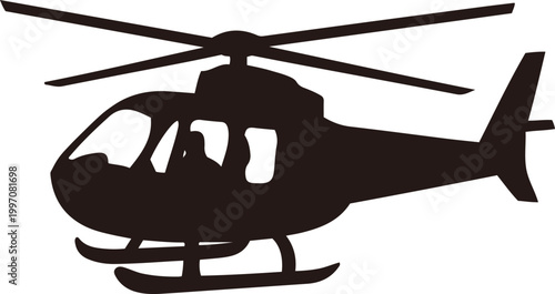 Black silhouette of a helicopter in flight with rotor blades and skids Keywords: helicopter