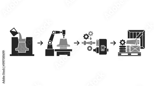 Metal Casting Manufacturing Process with Molding, Processing, and Shipping Steps on Isolated White Background