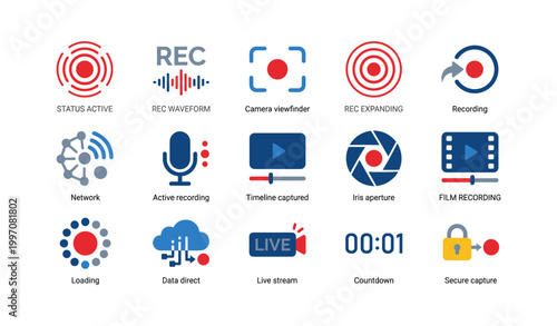 Recording and live stream icons showing capture status on white background