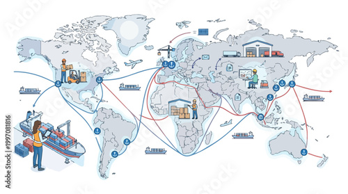 Global logistics and shipping industry illustration featuring a world map with international trade routes cargo ships airplanes and workers managing supply chain operations