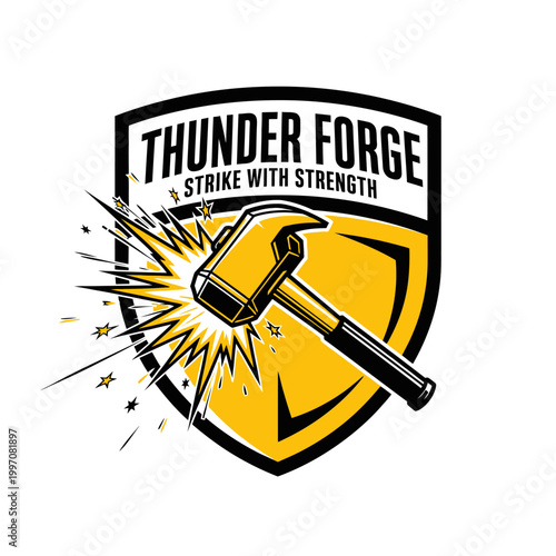 Hammer striking anvil with sparks flying.