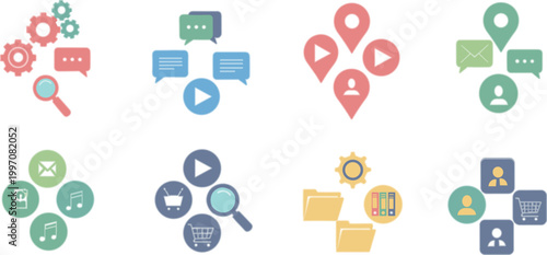 Modern Flat UI Icon Vector Set with Communication Media Search Location User and File Management Symbols for Web and Mobile Design
