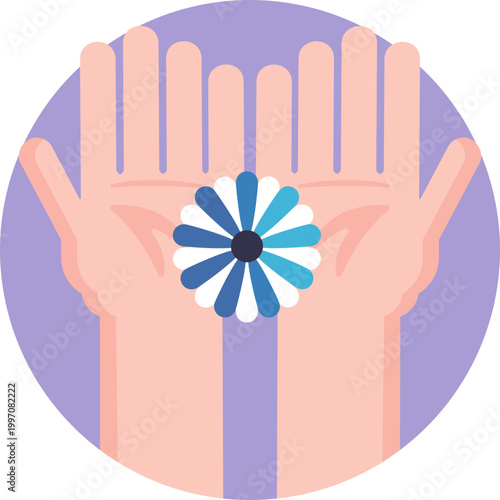 Hands holding a flower symbolize nurturing energy, representing holistic healing and the use of natural remedies.