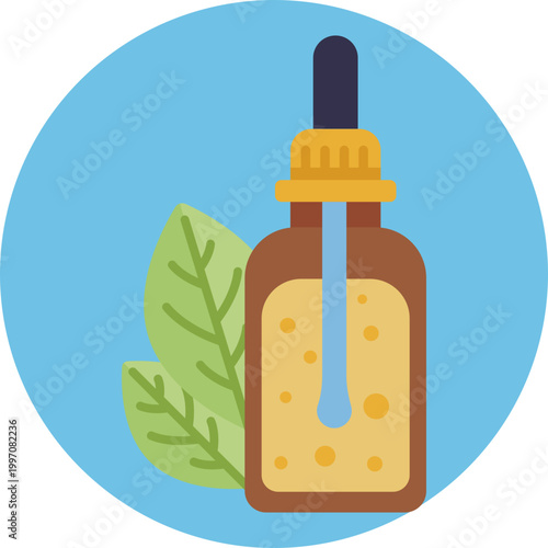 A small glass bottle with a dropper cap, often accompanied by a single leaf, symbolizing natural plant-based oil extracts used for healing.