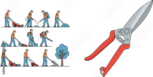 Gardening tools and worker activities with hedge shears lawn mowing planting and landscaping scenes vector illustration set