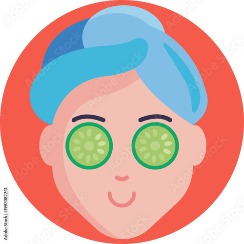 An icon of a serene face with cucumber slices covering the eyes, indicating rest, stress relief, and traditional home-based facial care methods.