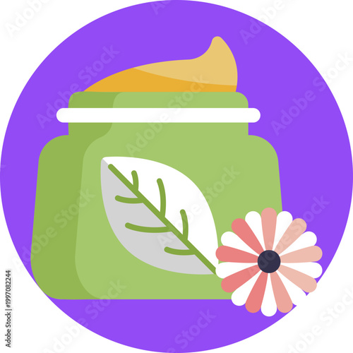A small open jar with a smooth cream surface, accompanied by a leaf symbol to represent natural, herbal ingredients.
