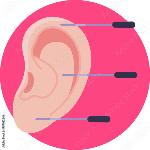 A simple outline of a human ear with a few small needles placed at key pressure points, representing auricular acupuncture.