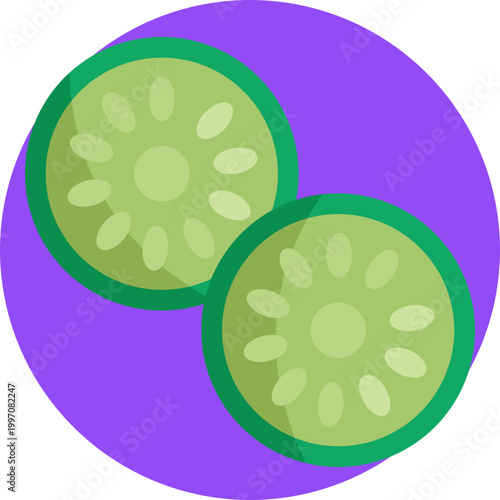 A clean icon showing a sliced cucumber with visible seeds, representing natural hydration, cooling properties, and plant-based healing remedies.