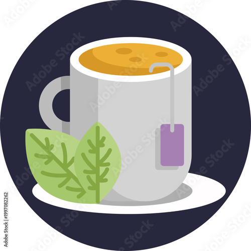A simple cup with rising steam, often accompanied by one or two leaves, symbolizing herbal tea and natural healing.