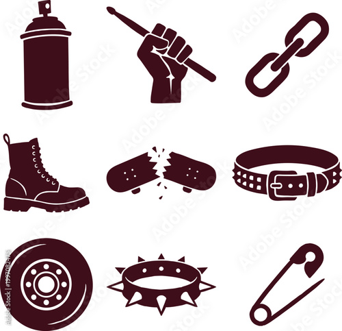 Collection of Nine Punk Rock and Rebellion Themed