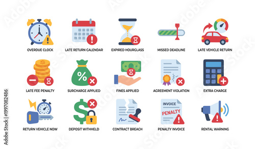 Penalty and overdue fee icons arranged in a grid layout