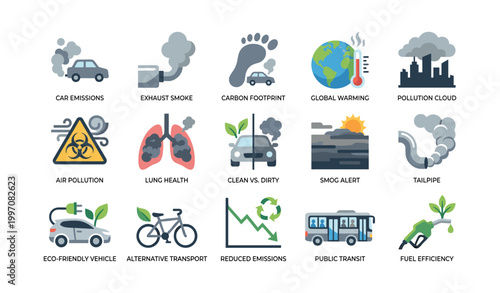 Air pollution and sustainable transport icons arranged in grid