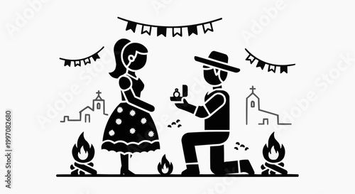 Man Proposing Marriage at Festa Junina Celebration Vector Art
