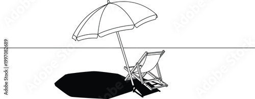 A solitary beach chair rests beneath a large umbrella, casting a strong shadow on a bright white background symbolizing relaxation and vacation.
