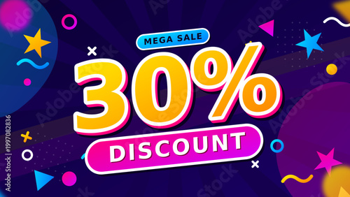 Mega Sale 30 Percent Discount Banner Template with Colorful Memphis Geometric Background