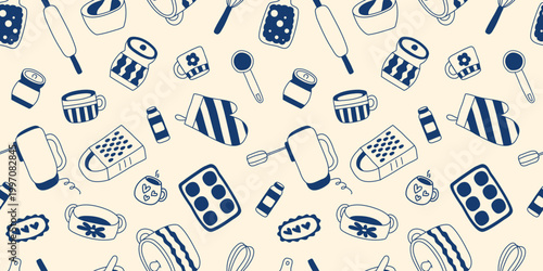 Hand-drawn print of kitchen utensils for cooking. Background with blue dishes, cutlery, spice jars and kitchen tools in doodle style. Seamless pattern with culinary theme. Vector elements