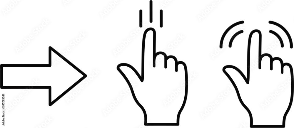 Obraz premium Arrow, Hand Click, and Tap with Sound Icons for Web Navigation, User Interaction, and UI DesignArrow, Hand Click, and Tap with Sound Icons for Web Navigation, User Interaction, and UI Design