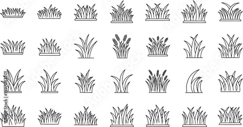 Variety of grass patches depicted in simple black line art style for landscaping and garden design projects on white background