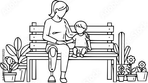 A black and white line art illustration featuring a mother with a prosthetic leg sitting on a bench with her young child in a park setting with plants.