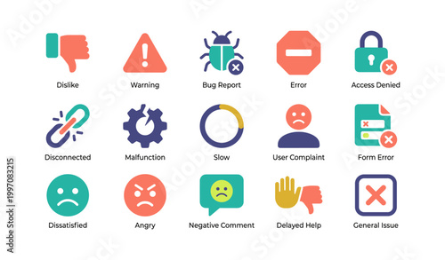 Error and complaint icons representing issues and user dissatisfaction