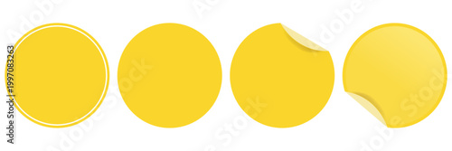 Set of round yellow stickers on white background. Includes summer yellow solid circles and stickers with peeled corner. Realistic 3D blank labels for sales, prices, and promotions. Vector illustration