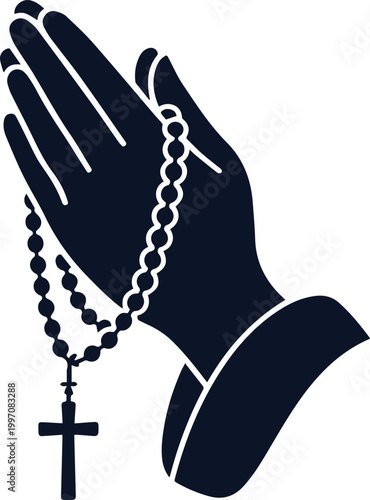 Praying Hands Holding Rosary Beads with Cross Silhouette