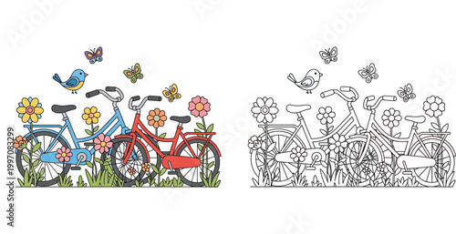 Pair of Bicycles in a Blooming Flower Garden with Birds and Butterflies - Spring Cartoon