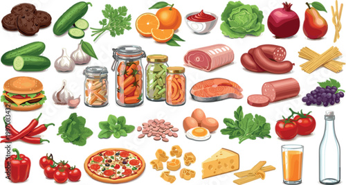 Food Ingredients Vector Set with Vegetables Fruits Meat Dairy Fast Food and Cooking Elements for Kitchen Menu and Nutrition Design