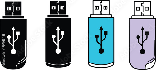 USB Flash Drive Icon Set with Various Colors and USB Symbol for Data Storage, File Transfer, and Tech Applications