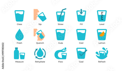 Water and drinking icon set showing glasses and hydration symbols