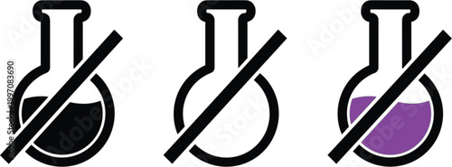 No Laboratory Flask Icon Set in Black, White, and Purple for Chemical and Laboratory Hazard SymbolsNo Laboratory Flask Icon Set in Black, White, and Purple for Chemical and Laboratory Hazard Symbols