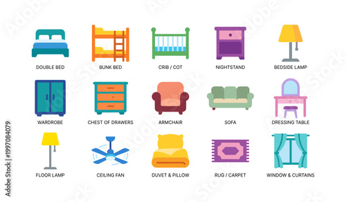 Bedroom and living furniture icons showing common room items