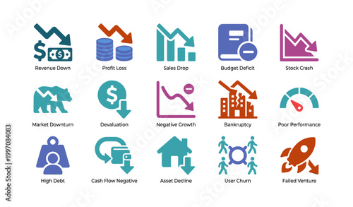Business decline icons illustrating financial loss and market downturn