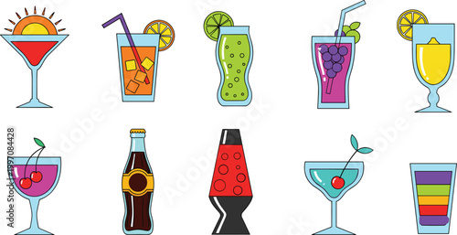 Vibrant Cocktail and Soda Vector Set Featuring Colorful Drinks, Soft Drinks, Cocktails, and Fun Beverages for Party and Summer Drink Illustrations