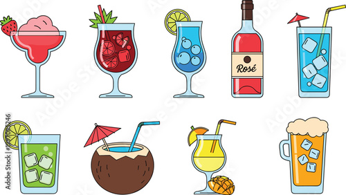 Tropical Cocktail Vector Set Featuring Frozen Drinks, Lime Margaritas, Wine Bottles, and Refreshing Summer Beverages for Party Illustrations