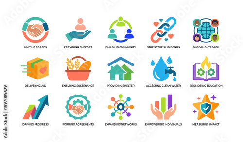 Charity and community icons showing aid actions in grid