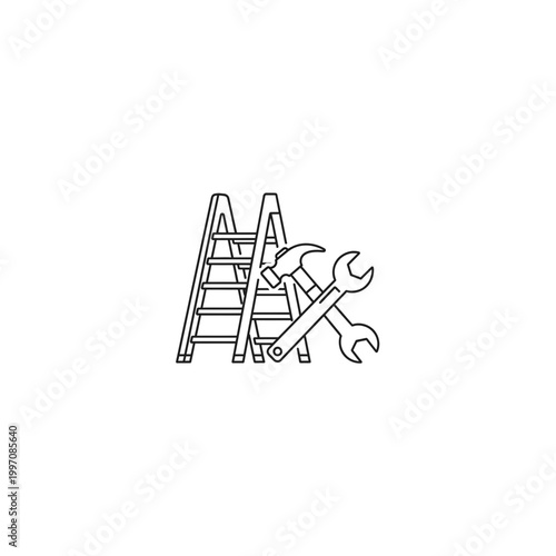Line art icon of a stepladder with hammer and wrench tool set
